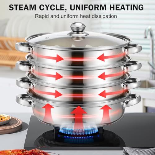 Housoutil Stainless Steel 4 Tier Steamer, 28cm Vegetable Steamer Pot with Lid, Induction Hob Saucepan for Vegetable Dumpling, Work with Gas, Electric, Grill Stove Top - Image 5