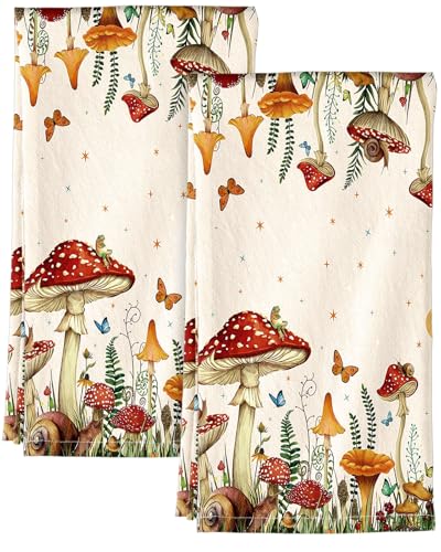 Image of Miss Adola 150GSM Flour Sack Kitchen Towels Set of 2, Mushroom Moon | 18 inchx26 inch, Lightweight, Lint-Free, Pure Cotton, Decorative, with Hanging Loop, Absorbent, Softer after Wash, Giftable Package