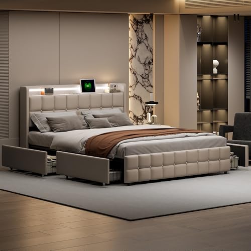 Lit double rembourré, 160 x 200 cm, avec éclairage LED et fonction de charge USB, espace de rangement, avec 4 tiroirs et sommier à lattes, en lin, pour adultes et adolescents, beige, 160 x 200 cm