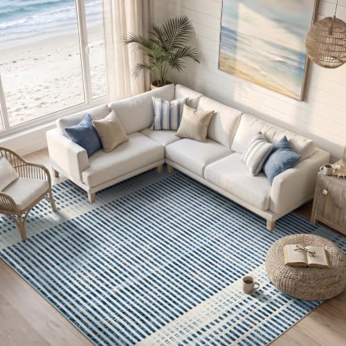Washable 8x10 Modern Striped Area Rug, Abstract Large Living Room Rug