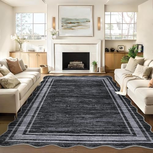 GarveeHome Scalloped 5x7 Rugs Washable Area Rugs for Living Room, Modern Bordered Solid Rug for Bedroom, Abstract Scalloped Non-Slip Stain Resistant Carpet for Dining Room Home Office Dorm,Black