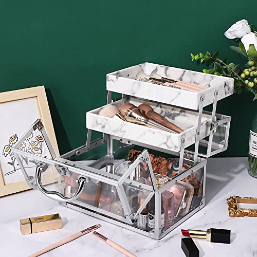 Noverlife Silver Acrylic Makeup Train Case, Portable Makeup Travel Case Makeup Tools Cosmetic Organizer Box With 2 Extendable Trays, Clear Cosmetics And Toiletry Train Case Jewelry Organizer With Lock #TOP4