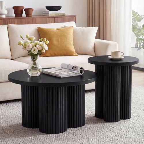 MAHYIZYI Nesting Coffee Tables Set of 2 Fluted Round Coffee Table(Black)