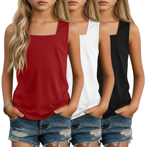 Image of 3 Pack Girls Square Neck Tank Tops | Basic, Sleeveless T-Shirts, Casual Summer Tanks, Kids Undershirts, School, Size 5-14 Years, Comfy, Elasticity