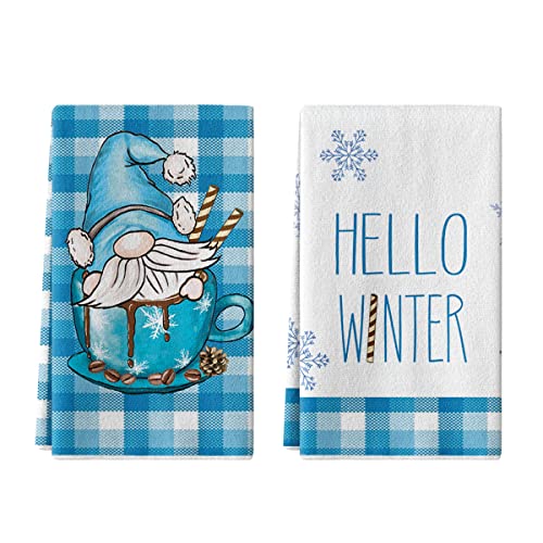 Artoid Mode Buffalo Plaid Zwerge Schneeflocken Hello Winter Küchentücher Geschirrtücher, 45,7 x 66 cm, Weihnachtsdekoration, Handtücher, 2 Stück Cover