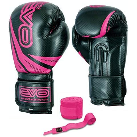 EVO Fitness Ladies Pink GEL Rex Leather Boxing Gloves Punch Bag MMA Muay Thai Martial Arts Kick Boxing (PINK, 12oz) Cover