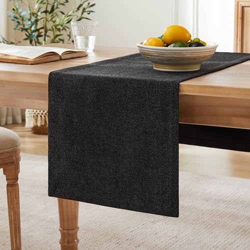 Image of ZeeMart Burlap Style Farmhouse Table Runners 90 Inches Long, Black Rustic Woven Dining Table Runner for Everyday Use, 14x90 Inches, Black