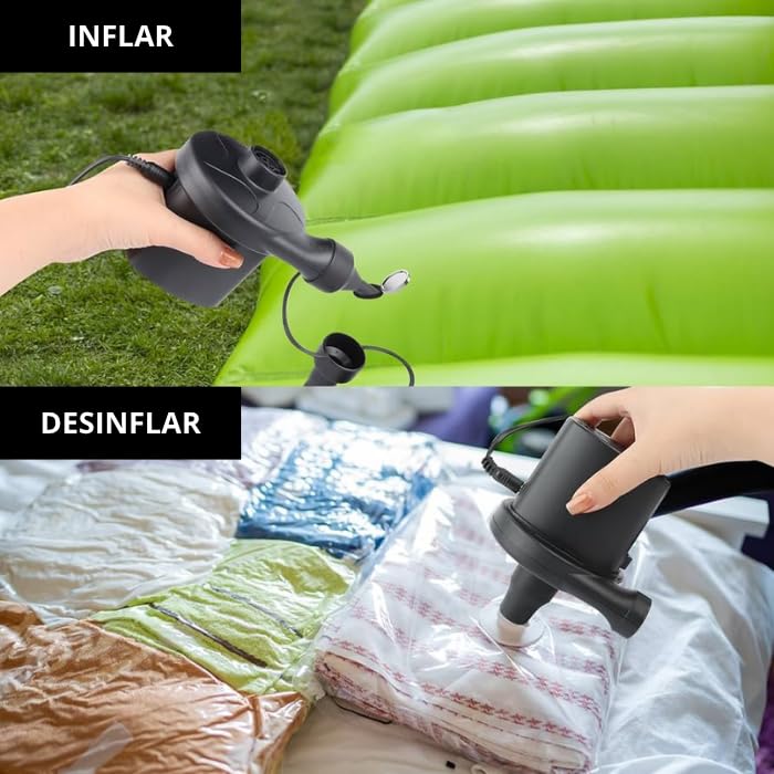 Inflador Eléctrico Portátil 200W con Función de Desinflado – 3 Boquillas Incluidas – Ideal para Colchones, Piscinas, Barcas y Más – Compacto y Potente