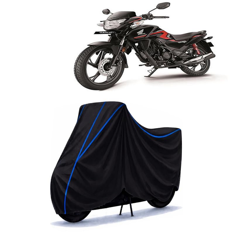 Image of SP 150 BS6 Bike Cover Water Resistant Universal Motorcycle Rain | Heavy Duty UV Protection, Dust, Scratch Indoor Outdoor All Weather with Black Blue Piping Elastic