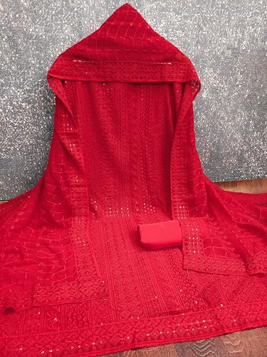 Image of Sidhidata Women's Faux Georgette Full Embroidery Lucknowi Chikankari Schiffli Work Unstitched Salwar Suit Dress Material With Embroidered Dupatta (DM Lucknowi Free Size)