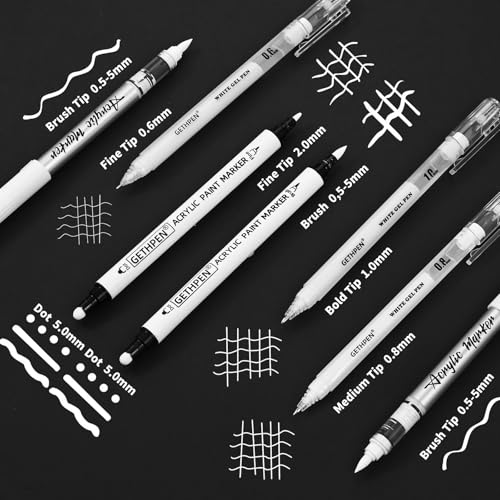 Image of GETHPEN White Pens Set, White Gel Pens, Dual-Tip Acrylic Paint Pen, 7 Pack | 06 /08 /10mm Opaque Gel Ink Pen Brush Tip Acrylic Markers for Drawing, Sketching, Illustration, Card Making, Bullet Journaling