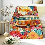 MtoLatap Boho Hippie Van Floral Blanket, 1960s Psychedelic Festival Art Throw, Colorful Cozy Soft Warm Blanket for Couch Bed Sofa, Home Decor, Gift for Women Men Travel Lovers, 40x50 Inches
