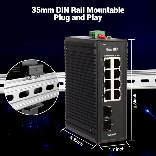 Image of Industrial Ethernet Switch, 10-Port Gigabit Din Rail Switch Hardened, 1000Mbps, 8 Ethernet Ports + 2 SFP Port, Din Rail & Wall Mountable (-40 to 185 F), 20Gbps Switching Capacity, with UL Power Supply