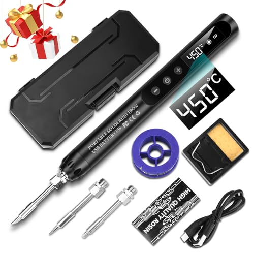VOKTTA Fer à souder rechargeable par USB avec LCD, kit de fer à souder sans fil, noyau chauffant en céramique, température réglable 200-450 °C, avec 3 pointes à souder, il est utilisé pour la