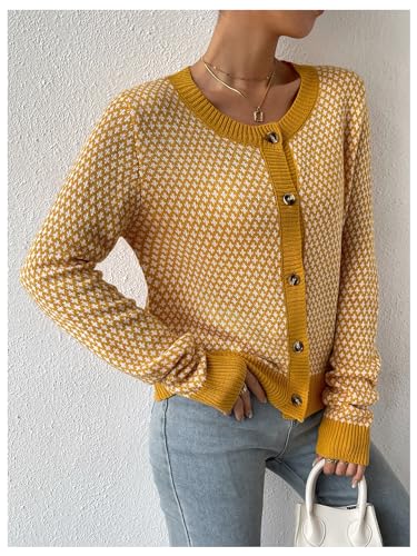 Image of GORGLITTER Women's Button Up Cropped Cardigan Checkered Colorblock Long Sleeve Lightweight Cardigan Sweaters