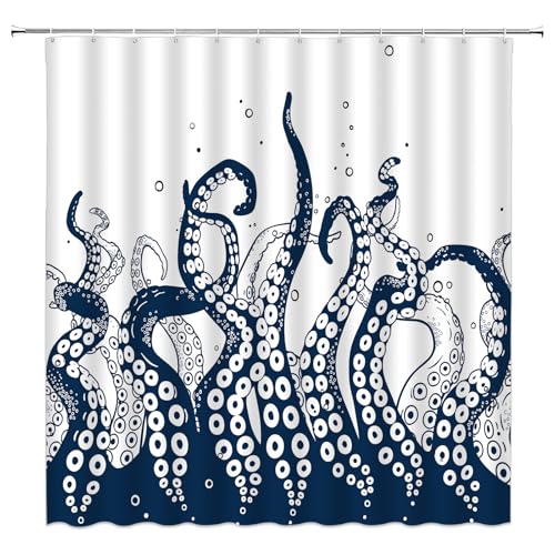 ZKJSMGS Octopus Tentacles Shower Curtain Nautical Kraken Tentacle Sea Ocean Animal Underwater Marine Life Vintage Abstract Sketch Art Creative Fabric Bathroom Sets with Hooks,Navy Blue