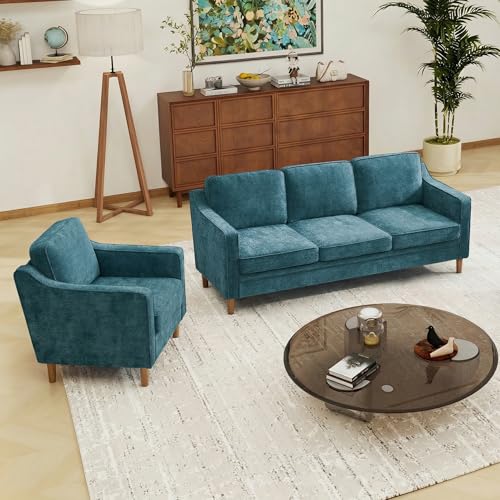 Image of Kingfun Couch Sets for Living Room, 3 Seater Couch and Armchair, Mid Century Modern Sofa Set, Chenille Couch with Solid Wood Frame for Bedroom