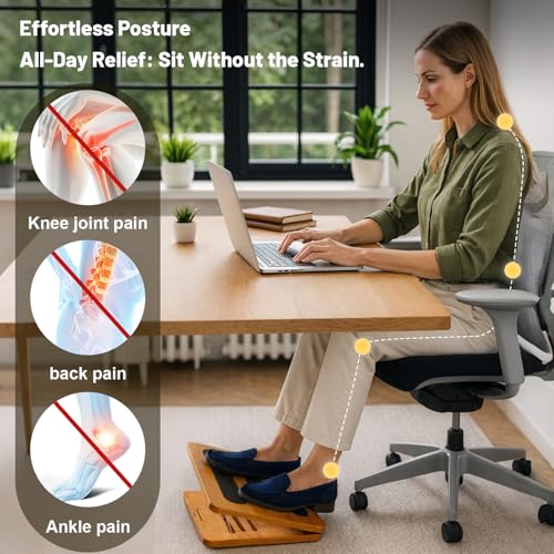 Foot Rest for Under Desk at Work - Wooden Adjustable Office Footrest with Foam Cushion Pad, 4 Heights & Ergonomic Anti-Slip Design for Home & Office (Natural) - Image 4