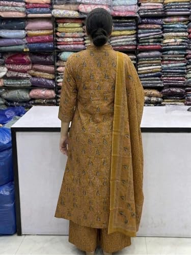 Image of GoSriKi Kurta Sets for Women Viscose Blend Printed | Kurti Set for Woman | Kurta Palazzo Dupatta Set | A Line Kurti | Mandarin Collar 3 /4 Sleeve Suit Set for Women Stylish Ethnic Outfit