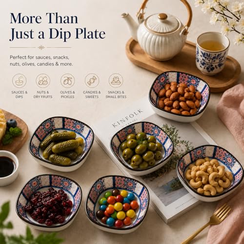 Image of Japanese Ceramic Dip Bowl Set of 4 | 200ml Small Square Sauce Bowls for Soy Sauce, Chutney, Snacks & Dry Fruits | Glazed Sushi Dip Dishes, Dishwasher & Microwave Safe (Hana Bloom)