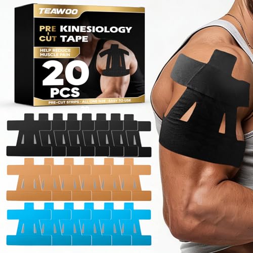 TEAWOO PreCut Kinesiology Tape for Shoulder (20 Pcs) Waterproof Breathable Athletic Tape Enhanced Adhesion & Elasticity Shoulder Pain Relief Support for Sports & Daily Use (Black Beige & Blue)