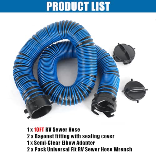 Image of 10FT RV Sewer Hose, EXTREME Heavy Duty 24 Mil TPE Material for Abrasion Resistance and Crush Protection, Camper Sewer Hose Kit with Pre-Attached Bayonet Fittings, 4-in-1 Adapter Elbow, Blue