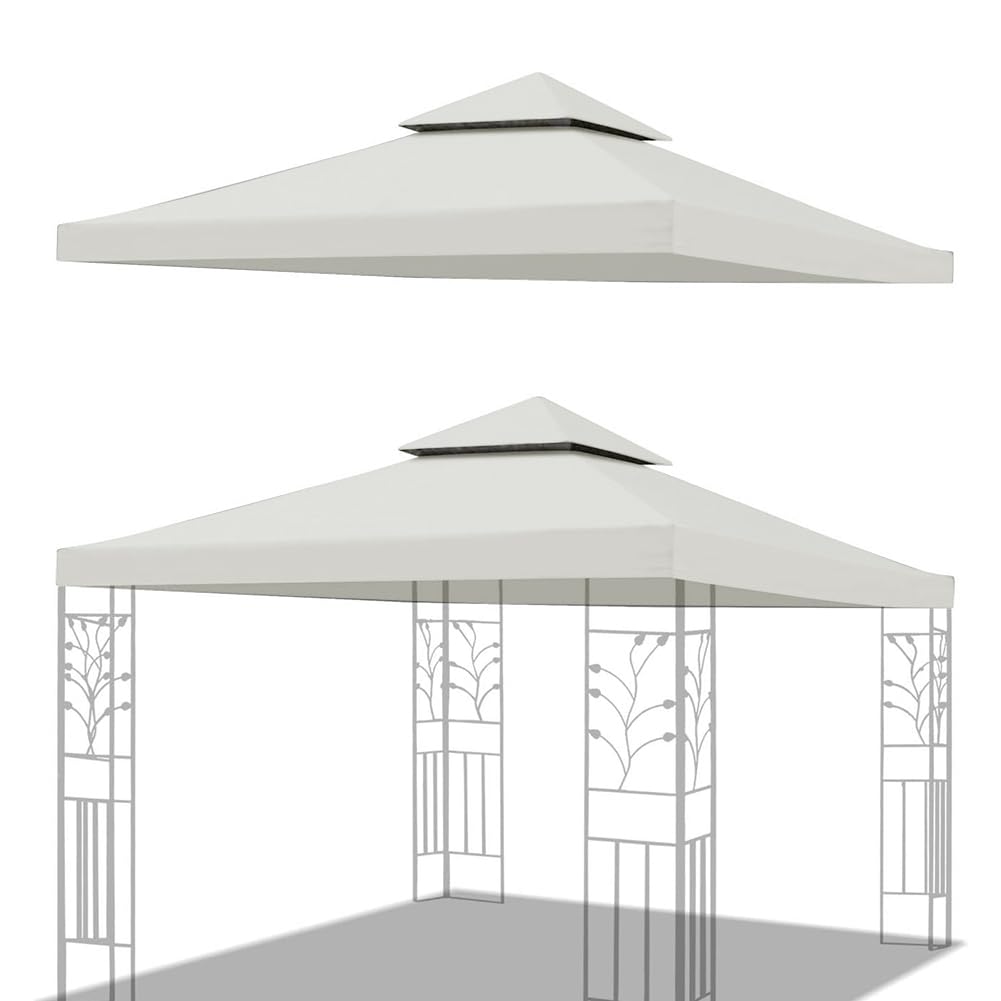 HCLSHOP Gazebo Canopy Top Replacement 10x10 FT Double Tier Grill Gazebo Top Roof Pavilion Cover Waterproof Sunshade Canopy for Shop Party Outdoor Patio Garden Tent Frames Canopy Cover Beige (White)