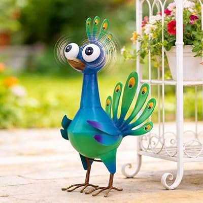 Ratuor Metal Peacock Statue Garden Decor Cartoon Peacock with Bobbling Eyes Yard Art Lawn Patio Decoration Outdoor Sculpture for Housewarming Birthday Wedding