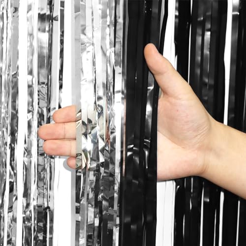Image of Voircoloria 2 Pack Black and Silver Tinsel Foil Fringe Curtains, Black White Party Decorations, Metallic Tinsel Party Streamers Backdrop for New Years Birthday Christmas Graduation Decorations