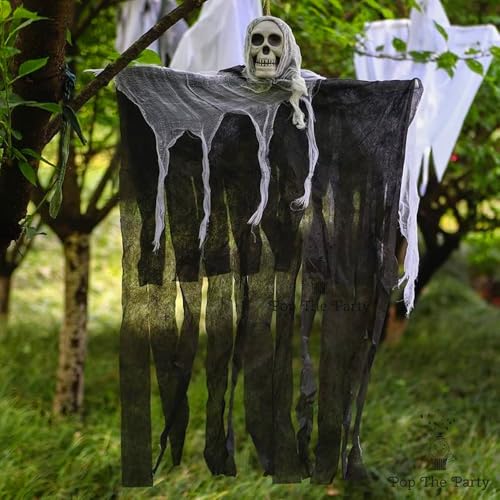 Image of Pop The Party Halloween Hanging Skeleton Ghost - Scary Skull Decoration with Flowing Fabric for Haunted House, Yard, Outdoor & Indoor Halloween Party Props