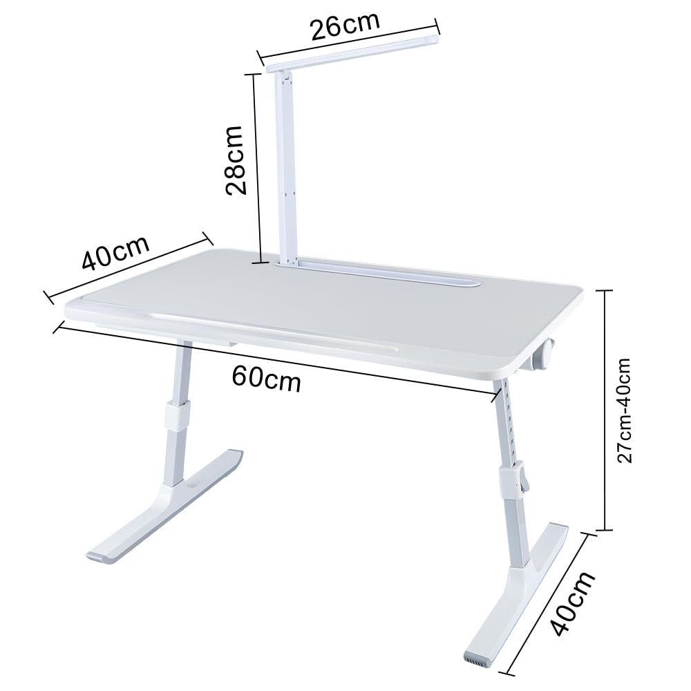 Table d’Ordinateur en Bambou Pliable Réglable avec Tiroir, Support Portable pour Lit Canapé, Blanc 60x40x27-40cm