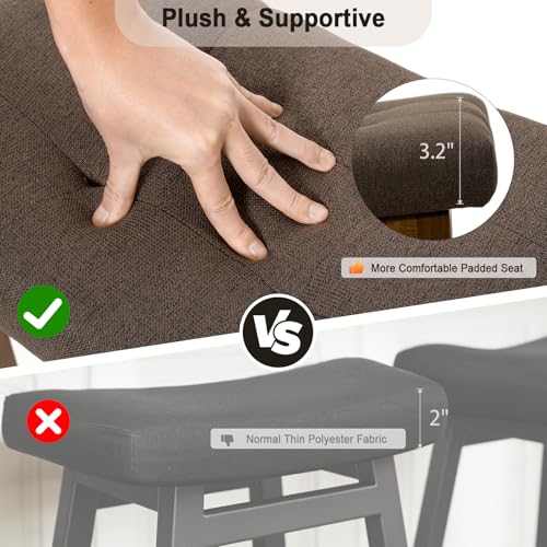 Image of Bar Stools Set of 2, Backless Counter Height Bar Stools, 24 Inch Modern Saddle Bar Stools with Walnut Legs & Upholstered Fabric Seat, Wooden Counter Stools for Kitchen Island, Home Bar, Brown