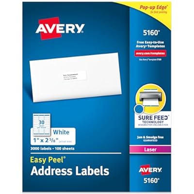 Avery Easy Peel Printable Address Labels with Sure Feed, 1 x 2-5/8 Customizable Stickers, White, 3,000 Blank Mailing Labels, Great for Mailing, Shipping, and More (5160)