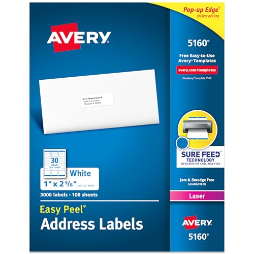 Avery Easy Peel Printable Address Labels with Sure Feed, 1" x 2-5/8" Customizable Stickers, White, 3,000 Blank Mailing Labels, Great for Mailing, Shipping, and More (5160) by Avery - Used condition - US$18.15