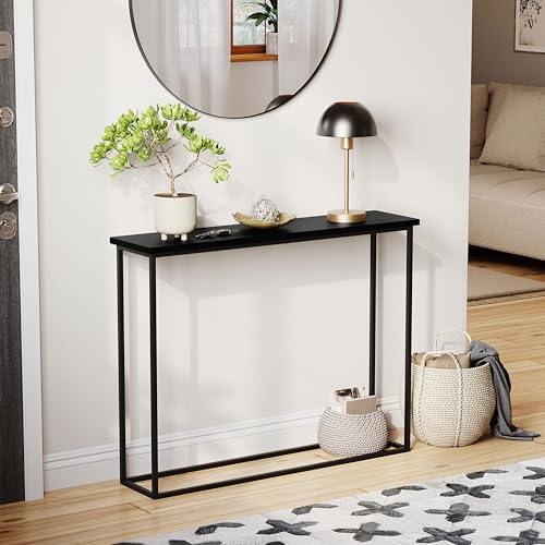 Vida Designs Narrow Console Table 100cm | Slim Hallway Table for Small Spaces | Industrial Metal Frame & Wood Effect Top | Modern Entryway/Sofa Table | Easy Assembly | Black