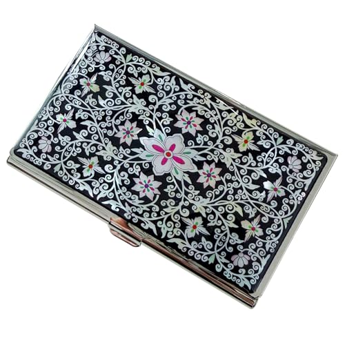 Image of Mother of Pearl Business Card Case Credit Id Name Holder Travel Wallet Art Painting Design Metal Stainless Steel Engraved Slim Purse Pocket Cash Money Wallet (New Arabesque)