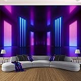 Modern Wall Murals 3D 3D Render Blue Pink Violet neon Abstract Light Night Club Empty Room Peel and Stick Wallpaper Removable Self-Adhesive PVC Wall Stickers for Living Room Bedroom Wall Decor