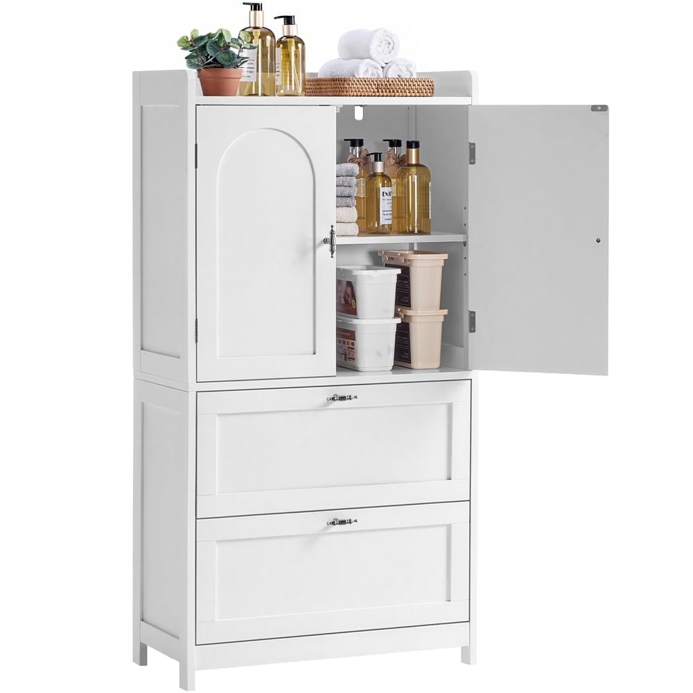 Yaheetech Mobile da Bagno Armadietto Autoportante in Legno Due Ante e Due Cassetti Ripiani Regolabili Mobiletto Bagno Multiuso per Soggiorno Salotto Cucina Sala da Pranzo 60x30x115 cm Bianco