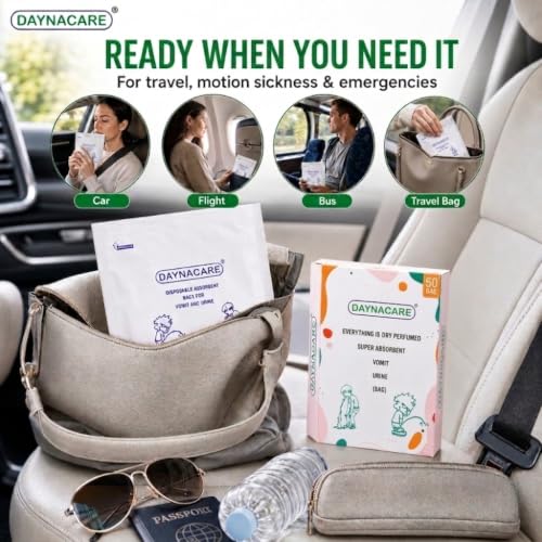 Image of Deo Scented Eco-Friendly Paper Vomit /Urine Bags for Travel, Pack of 50 | Motion Sickness Disposable Emesis Bags| Leak-Proof, Odor Control | Idel For Adults, Kids,Pregnancy & Emergency Use