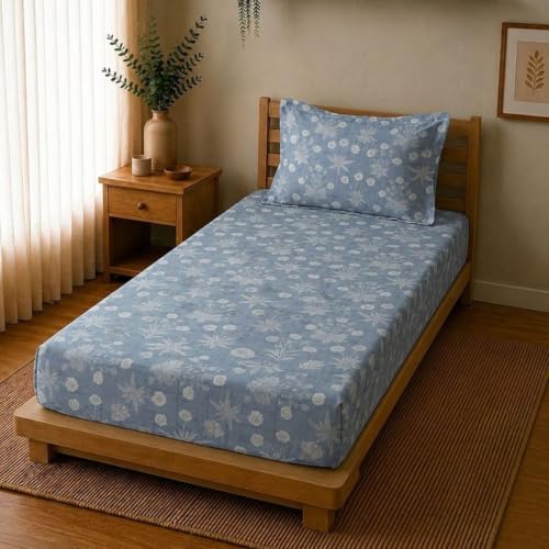 Image of Linen Home Cotton Percale Fitted Bedsheet Set SingleXL Size Floral Blue