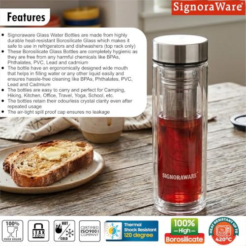 Image of Signoraware Duo Double Wall Borosilicate Glass Bottle,(350ml, Clear), Keeps Drinks Hot & Cold, Airtight & Leakproof, Perfect for Home, Gym & Office Use, Stylish Water Bottle for Daily Use