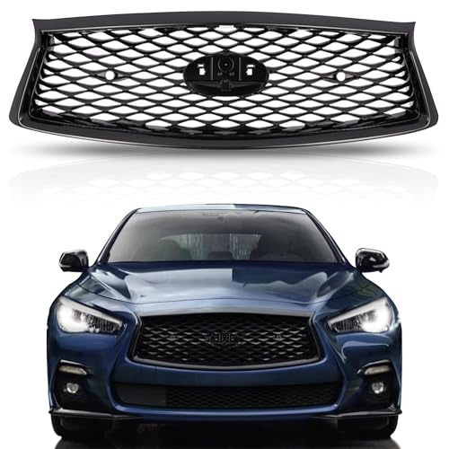 PartsFlow Front Bumper Upper Grille Gloss Black Mesh Grill W/Sensor Hole W/Camera Hole Compatible With 2018-2023 Infiniti Q50 F23106HH0C