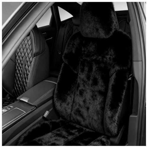 Fkewp Fuzzy Faux Fur Car Seat Cover Fluffy Auto Front Seat Cushion Warm Protector with Backrest Soft Plush Chair Cover Universal Interior Accessories for Car SUV Truck Van (Black)