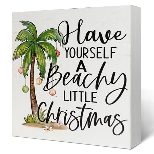 Guoofu Have Yourself A Beachy Little Christmas Decorative Wooden Box Sign, Xmas Beach Palm Tree...