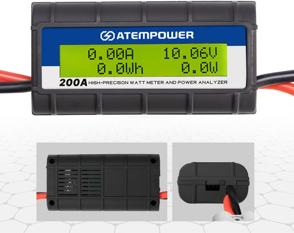 Close-up view of the ATEM POWER Power Analyzer's LCD screen showing current, voltage, u qari tal-qawwa.