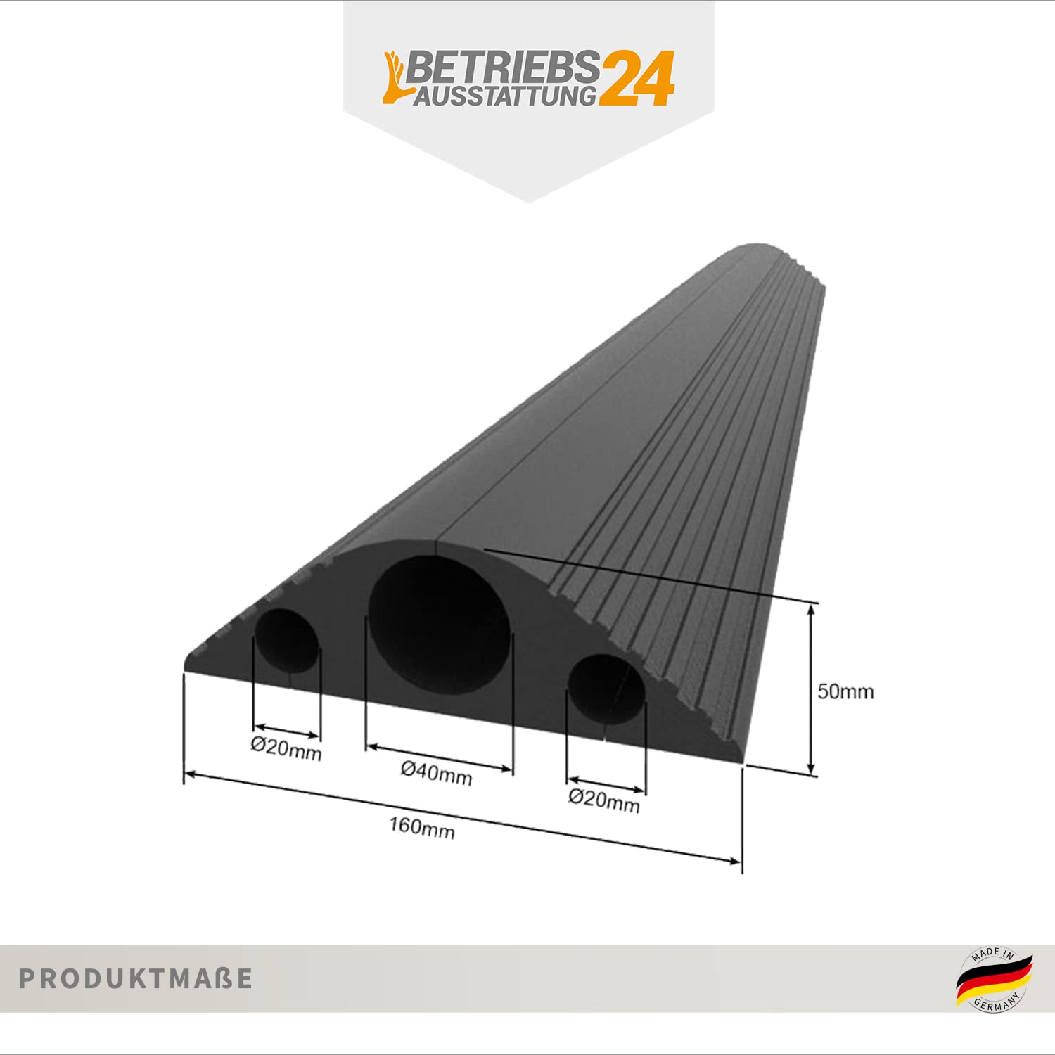 Flexible Kabelbrücke mit 3 Kabelkanälen - BxHxT: 16x5x400 cm - Zuschneitbar - Kabelkanal: 2 x 20 mm Ø 1 x 40 mm Ø - Material: Robustes Gummi - Schwarz - Kabelschutz