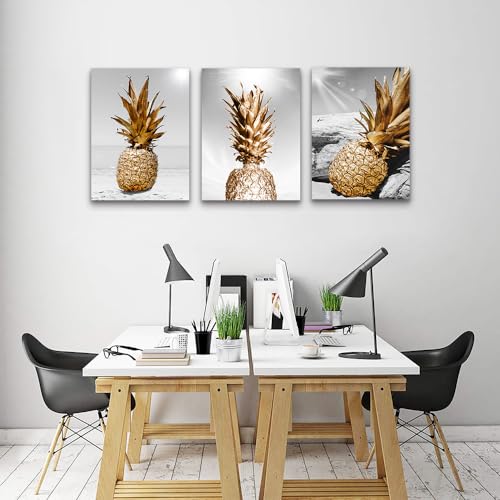 Lapremoly Large Wall Decor for Kitchen Dining Room Artwork Black And White Wall Painting 3 Piece Canvas Wall Art For Living Room Beach Scenery Pineapple Pictures Restaurant Framed Wall Decoration