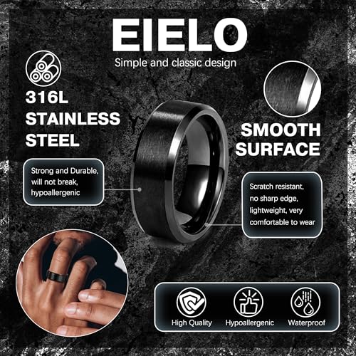 EIELO 6Pcs Stainless Steel Band Rings for Men Women Cool Fidget Spinning Chain Ring Anxiety Relief Fashion Simple Wedding Engagement Black Ring Set3