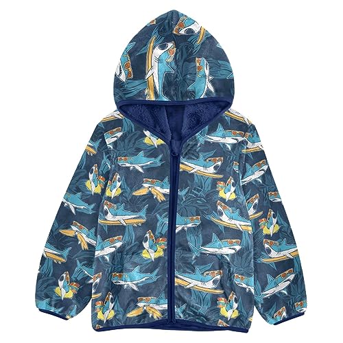 Cartoon Surfer Sharks Boys Fleece Hoody Jacket Zip Up Coat Warm Fall Winter Plush Jacket Long Sleeve Outerwear