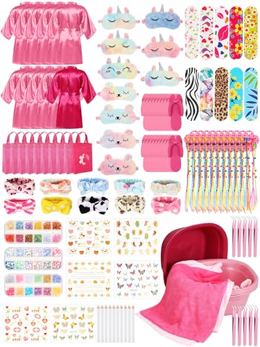 Suhine 10 Set Spa Party Supplies for Girls, Kids Satin Robes Nail Salon Kit Spa Kit Accessories for Birthday Party Favors (Classic Rose Red, Classic Pink)